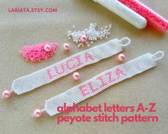 Alphabet Letters A-Z Font peyote stitch cuff bracelet beading pattern INSTANT DOWNLOAD even & odd count peyoted seed bead monogram patterns