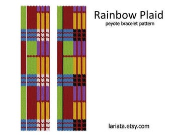 Rainbow Plaid - even count peyote stitch cuff bracelet beading pattern INSTANT DOWNLOAD peyoted beaded seed bead gingham buffalo tartan