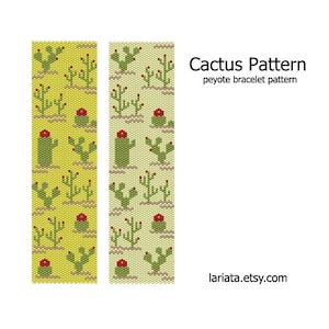 May include: A peyote stitch beading pattern for a bracelet featuring a repeating pattern of green cacti with red flowers on a yellow or cream background. The pattern is titled "Cactus Pattern" and includes the website "lariata.etsy.com".