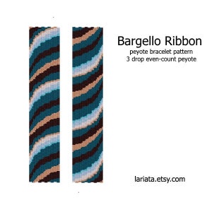 May include: Bargello Ribbon peyote bracelet pattern 3 drop even-count peyote lariatat.etsy.com A beaded bracelet pattern with a blue, black, white, and orange color scheme.