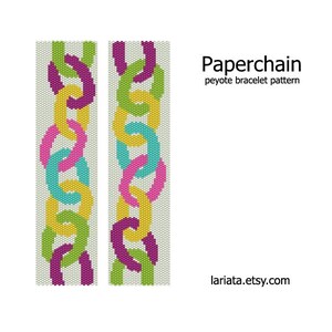 May include: Two vertical patterns of colorful chain links in pink, teal, yellow, green, and purple. The text "Paperchain peyote bracelet pattern" is displayed in black. The Etsy shop URL is also visible.