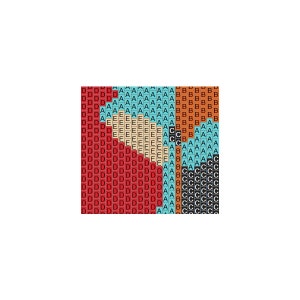 May include: A colorful abstract design with a geometric pattern. The design is made up of squares in shades of red, orange, yellow, blue, and black.