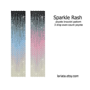 May include: Two beading patterns for a peyote bracelet, one in shades of blue and white, the other in shades of pink and white. The pattern is called "Sparkle Rash" and is a 3 drop even-count peyote pattern.