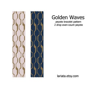 Peut inclure: Deux motifs de bracelets peyote perlés. L'un est rose clair et or, l'autre bleu marine et or. Le texte "Golden Waves" est au-dessus du texte "motif de bracelet peyote 2 drop even-count peyote". L'URL de la boutique Etsy est visible.