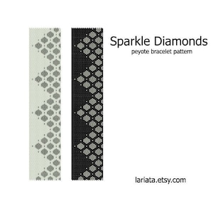 May include: Two peyote bracelet patterns are displayed. One is light green with gray diamond shapes, and the other is black with gray diamond shapes. The text reads "Sparkle Diamonds peyote bracelet pattern" and the Etsy shop URL.