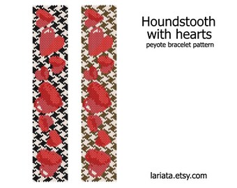 Houndstooth with Hearts - even count peyote stitch cuff bracelet beading pattern INSTANT DOWNLOAD peyoted seed bead pattern classical love