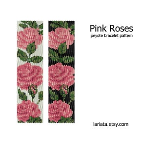 May include: Two vertical peyote bracelet patterns featuring pink roses with green leaves and stems. One pattern is on a white background, the other on black. Text reads "Pink Roses peyote bracelet pattern".