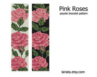 Pink Roses - even count peyote stitch cuff bracelet beading pattern INSTANT DOWNLOAD peyoted beaded seed bead rose flower floral bookmark