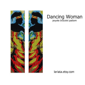 May include: A peyote stitch beading pattern for a bracelet featuring a colorful abstract design of a dancing woman. The pattern is for a pair of bracelets, with each bracelet featuring a mirrored image of the design. The design is in shades of red, yellow, blue, black, and green.