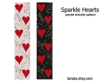 Sparkle Hearts - even count peyote stitch cuff bracelet beading pattern INSTANT DOWNLOAD peyoted beaded sparkling red heart love seed bead