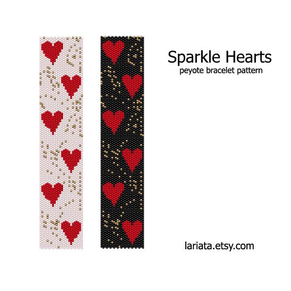 Sparkle Hearts - even count peyote stitch cuff bracelet beading pattern INSTANT DOWNLOAD peyoted beaded sparkling red heart love seed bead