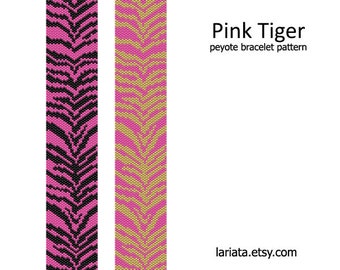 Pink Tiger - even count peyote stitch cuff bracelet beading pattern INSTANT DOWNLOAD peyoted beaded seed bead tiger zebra print pattern