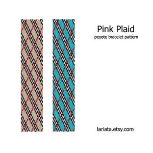 May include: Two peyote stitch bracelet patterns, one in beige and black with red accents, and the other in turquoise and black with red accents. The patterns are called "Pink Plaid" and are available on lariatat.etsy.com.