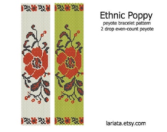 Ethnic Poppy - even count 2 drop peyote stitch cuff bracelet beading pattern INSTANT DOWNLOAD peyoted beaded floral folk red poppy flower