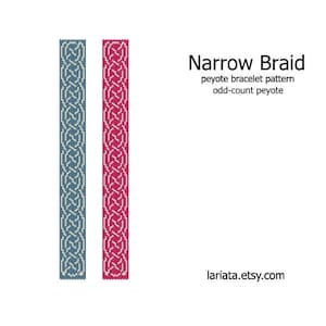 May include: A digital pattern for a narrow braid peyote bracelet. The pattern is shown in two color variations: blue and white, and red and white.