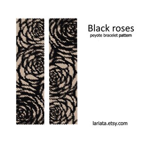 May include: Black and white peyote stitch beading pattern for a bracelet featuring a design of black roses. The pattern is titled "Black roses peyote bracelet pattern".
