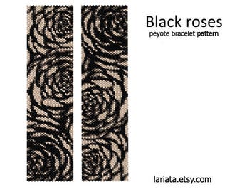 Black Roses - even count peyote stitch cuff bracelet beading pattern INSTANT DOWNLOAD peyoted beaded seed bead pattern rose flower floral