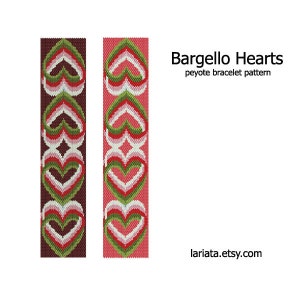 May include: Bargello Hearts peyote bracelet pattern. Two versions of the pattern are shown, one with a brown background and one with a pink background. The pattern features a series of hearts in red, white, and green.