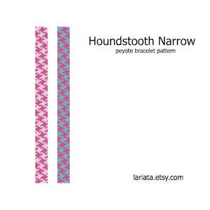 May include: Two peyote stitch beading patterns for a narrow bracelet, one in pink and white, the other in turquoise and pink. The patterns are called "Houndstooth Narrow".