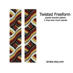 May include: A beaded bracelet pattern with a twisted, freeform design. The pattern is made with peyote stitch and features a mix of red, brown, yellow, white, and gray beads.
