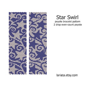 May include: A beading pattern for a bracelet called "Star Swirl" using the peyote stitch. The pattern is shown in two color variations, one with white beads and blue accents and the other with blue beads and white accents. The pattern is for a 2-drop even-count peyote stitch.