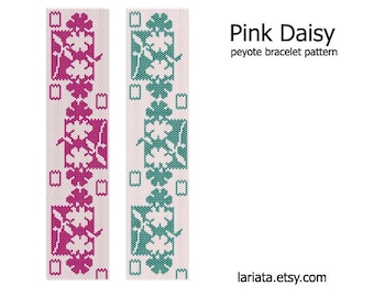 Pink Daisy - schema per bracciale con perline a punto peyote a conteggio pari DOWNLOAD IMMEDIATO schema per bracciale con perline peyote e perline di semi floreali
