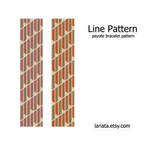 Könnte beinhalten: Ein Peyote-Stich-Perlenmuster für ein Armband mit einem geometrischen Design aus orangefarbenen, rosa, gelben und braunen Perlen. Das Muster wird zweimal nebeneinander wiederholt. Der Text "Line Pattern peyote bracelet pattern" und "lariata.etsy.com" ist im Bild enthalten.