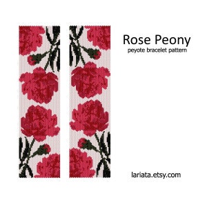 Rose Peony - even count peyote stitch cuff bracelet beading pattern INSTANT DOWNLOAD PDF file peyoted beaded bracelet patterns by Lariata floral flower roses pink blossom bloom seed bead pattern miyuki delica beads