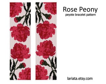 Rose Peony - even count peyote stitch cuff bracelet beading pattern INSTANT DOWNLOAD peyoted beaded floral flower roses pink blossom bloom