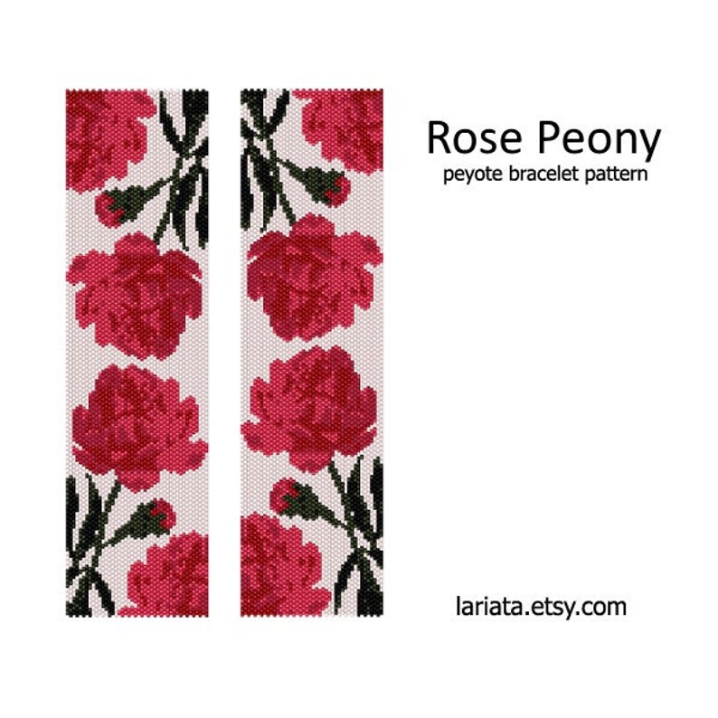 Rose Peony - even count peyote stitch cuff bracelet beading pattern INSTANT DOWNLOAD PDF file peyoted beaded bracelet patterns by Lariata floral flower roses pink blossom bloom seed bead pattern miyuki delica beads