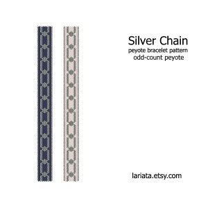 May include: Two beaded bracelet patterns in a chain design. One pattern is in navy blue and white beads, the other is in white and light gray beads. The text "Silver Chain peyote bracelet pattern odd-count peyote lariatat.etsy.com" is below the patterns.