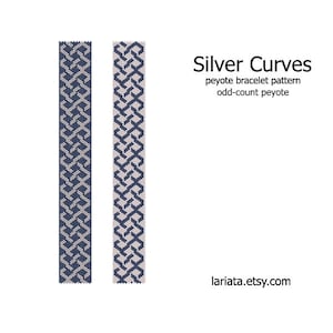 May include: A beading pattern for a bracelet called "Silver Curves" using the peyote stitch. The pattern is for an odd-count peyote bracelet. The pattern is shown in two different colorways, one with a white background and blue beads, and the other with a blue background and white beads.