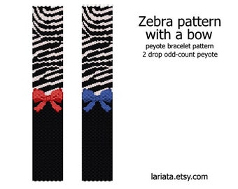 Zebra Pattern with Bow - odd count 2 drop peyote stitch cuff bracelet beading pattern INSTANT DOWNLOAD peyoted beaded wild animal print