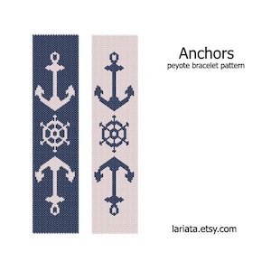 May include: A peyote stitch bracelet pattern featuring anchors and steering wheels. The pattern is shown in two color variations: white on blue and blue on white.