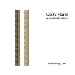 Peut inclure: Deux motifs de tissage peyote pour un bracelet. Les motifs sont appelés "Crazy Floral". Les motifs sont en perles noires, blanches, dorées et bleues.