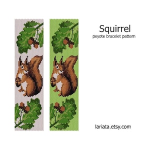 May include: A peyote beading pattern for a bracelet featuring a squirrel with green leaves and brown acorns. The pattern is shown on two different backgrounds, one white and one green.