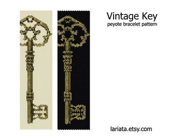 Vintage Key - even count peyote stitch cuff bracelet beading pattern INSTANT DOWNLOAD peyoted beaded seed bead key bookmark bead tapestry