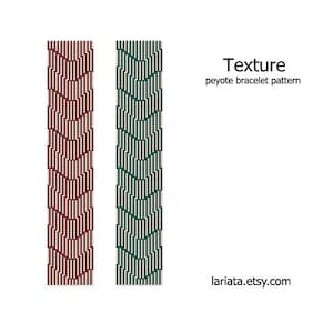 May include: Two peyote stitch beading patterns for bracelets. One pattern is red and white, the other is green and white. The text "Texture peyote bracelet pattern" and "lariata.etsy.com" are also included in the image.