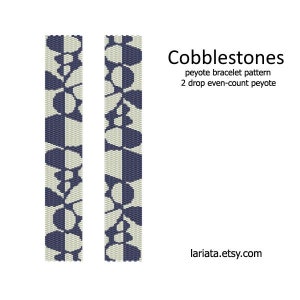May include: A beading pattern for a peyote stitch bracelet with a cobblestone design. The pattern is for a two-drop even-count peyote stitch bracelet. The pattern is in black and white.