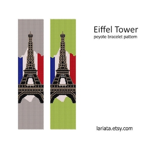 Op de afbeelding: Twee verticale peyote armbandpatronen met de Eiffeltoren. Eén patroon staat op een grijze achtergrond, de andere op een groene achtergrond. Beide bevatten de kleuren van de Franse vlag. Tekst luidt "Eiffel Tower peyote bracelet pattern".