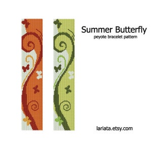 May include: A peyote stitch beading pattern for a bracelet featuring a summer butterfly design. The pattern is shown in two colour variations: orange and green.