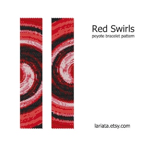 May include: Two vertical peyote bracelet patterns with red, black, and white swirl designs. The text "Red Swirls" and "peyote bracelet pattern" are displayed. The Etsy shop URL lariata.etsy.com is also shown.