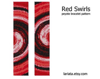 Red Swirls - even count peyote stitch cuff bracelet beading pattern INSTANT DOWNLOAD peyoted beaded pattern loop circle round dot funnel