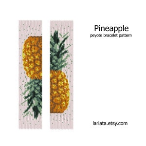 May include: A peyote stitch beading pattern for a bracelet featuring a pineapple design. The pattern is shown on a white background with green and yellow beads.