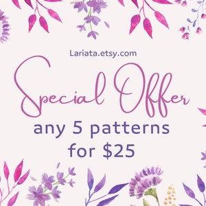 May include: A watercolor illustration of purple and pink flowers and leaves with the text "Special Offer any 5 patterns for $25" and the website address "Lariatata.etsy.com".