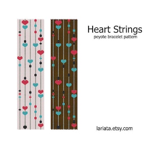 May include: Two peyote stitch beading patterns for a bracelet with a heart string design. One pattern is on a white background with black beads and the other is on a brown background with black beads.