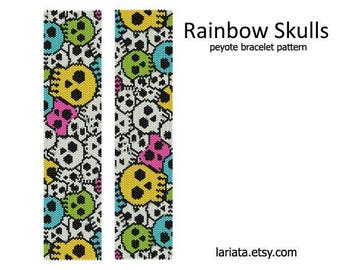 Rainbow Skulls - even count peyote stitch cuff bracelet beading pattern INSTANT DOWNLOAD peyoted seed bead pattern Halloween skull head bone