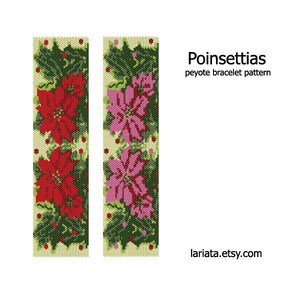以下が含まれることがあります： 赤いポインセチアとピンクのポインセチアの花がついた、ペヨーテステッチビーズのブレスレットのパターン。クリスマスをテーマにしたブレスレットのパターンです。