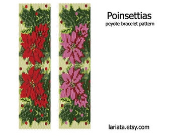 Christmas Poinsettias - even count peyote stitch cuff bracelet bookmark tapestry beading pattern INSTANT DOWNLOAD peyoted flower floral