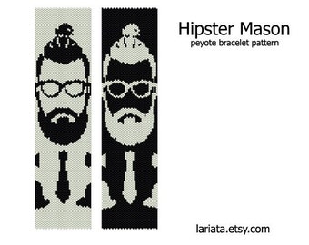 Hipster Mason - peyote stitch bracelet cuff bookmark beading pattern INSTANT DOWNLOAD even count peyote man with glasses portrait silhouette